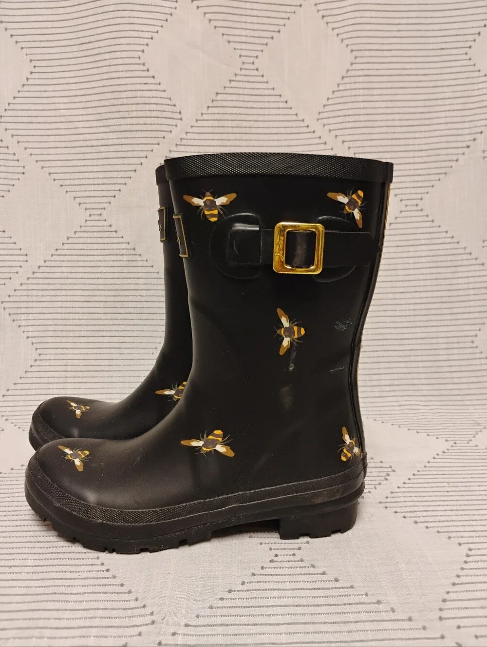 Joules Molly Welly Rain Boots Black Bees Mid Height Rubber Gold Women's Size 6